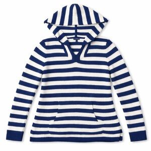 Talbots Hooded Sweater Large Navy White Kangaroo Pocket Texture Knit Nautical